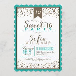 Turquoise, White, & Taupe Sweet 16 Party Invitation