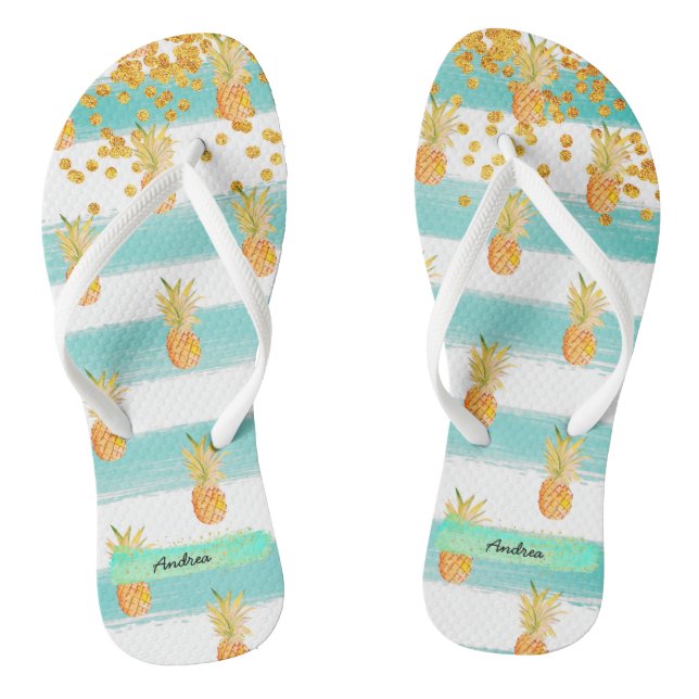 Turquoise White Tropical Beach Pineapple Flip Flops (Footbed)