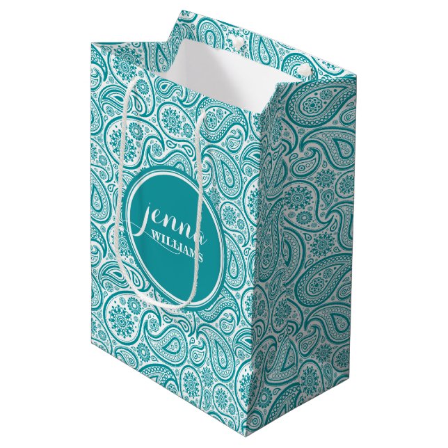 Turquoise & White Vintage paisley Damasks Medium Gift Bag (Front Angled)