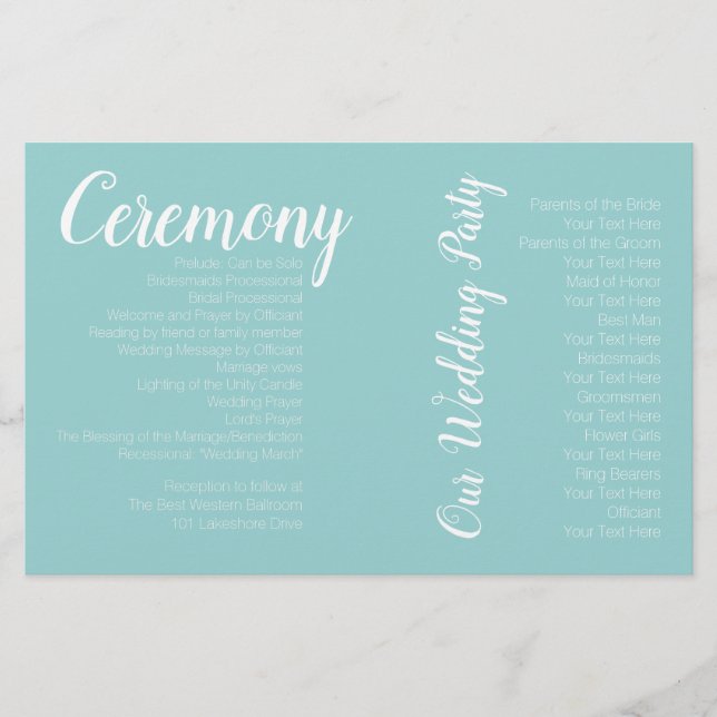 Turquoise White Wedding Photo Ceremony Program (Front)