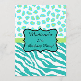 Turquoise White Zebra Leopard 21st Birthday Party Invitation