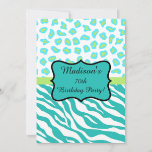 Turquoise White Zebra Leopard 70th Birthday Party Invitation