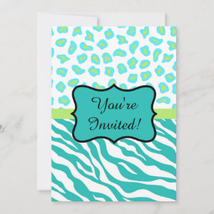 Turquoise White Zebra Leopard Invitation