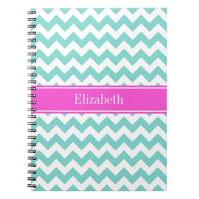 Turquoise Wht Chevron Hot Pink Name Monogram Notebook (Front)