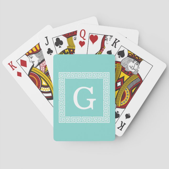 Turquoise Wht Greek Key Frame #1 Initial Monogram Playing Cards (Back)