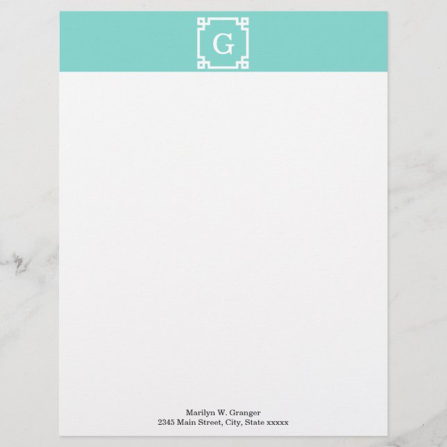 Turquoise Wht Greek Key Frame #2 Initial Monogram Customised Letterhead (Front)