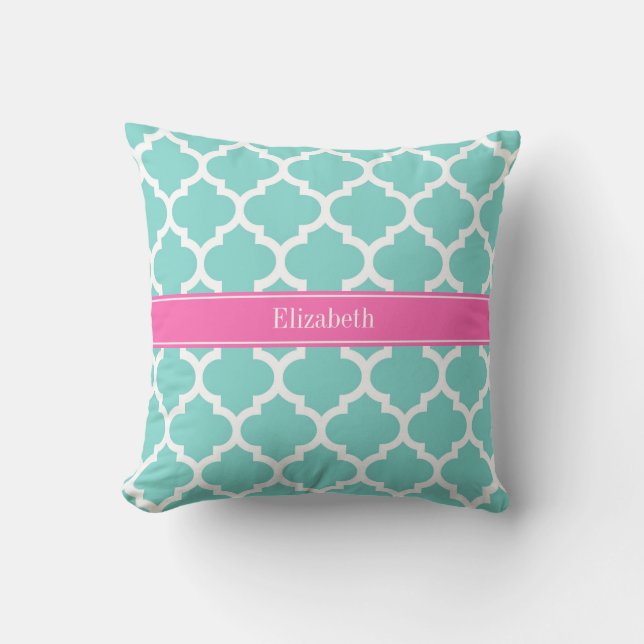Turquoise Wht Moroccan #5 Hot Pink2 Name Monogram Cushion (Front)