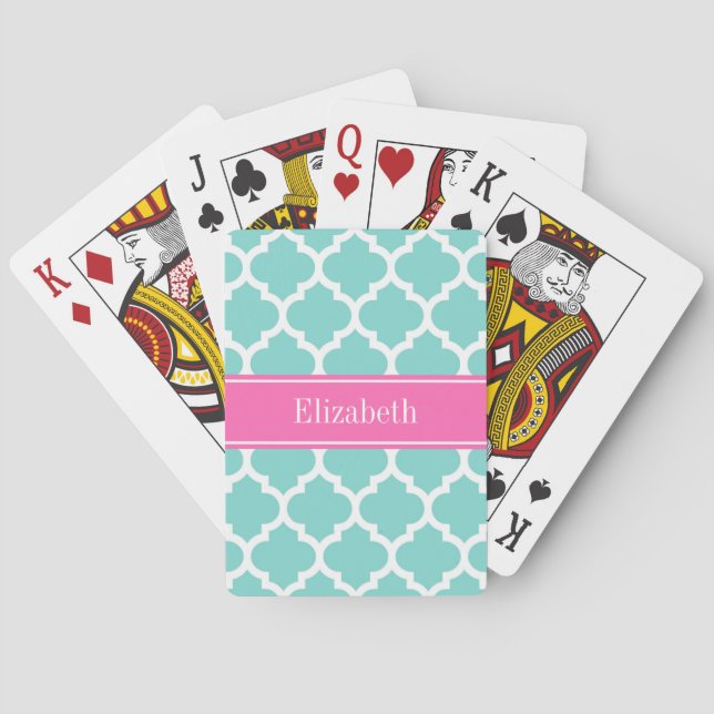 Turquoise Wht Moroccan #5 Hot Pink2 Name Monogram Playing Cards (Back)