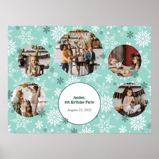 Turquoise Winter Birthday Party Photo Collage Poster (Front)