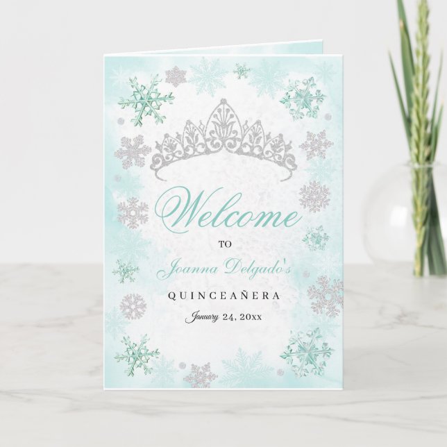 Turquoise Winter Wonderland Quinceanera Program Invitation (Front)