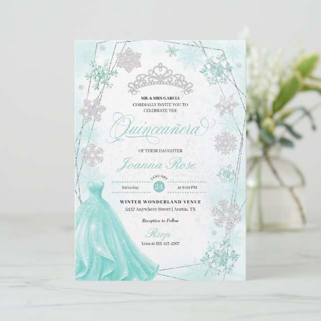 Turquoise Winter Wonderland Snowflake Quinceanera Invitation (Standing Front)