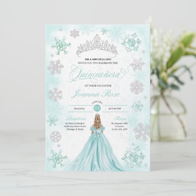 Turquoise Winter Wonderland Snowflake Quinceanera Invitation (Standing Front)