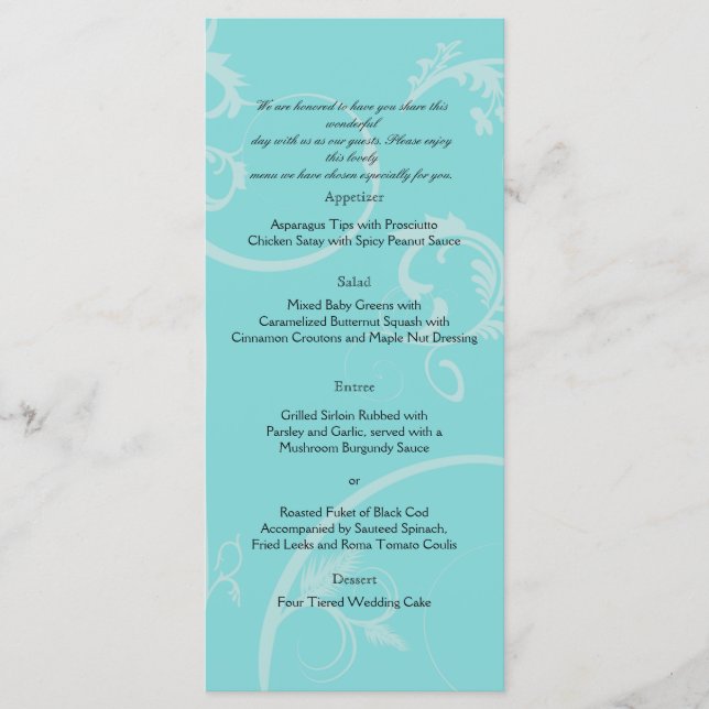 Turquoise with Black Swirl Flourish Wedding Menu (Front)
