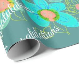 Turquoise With Floral Design Wrapping Paper