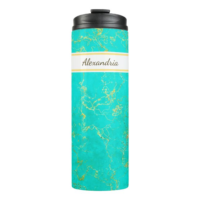 Turquoise With Gold Veins Stone Pattern and Name Thermal Tumbler (Front)