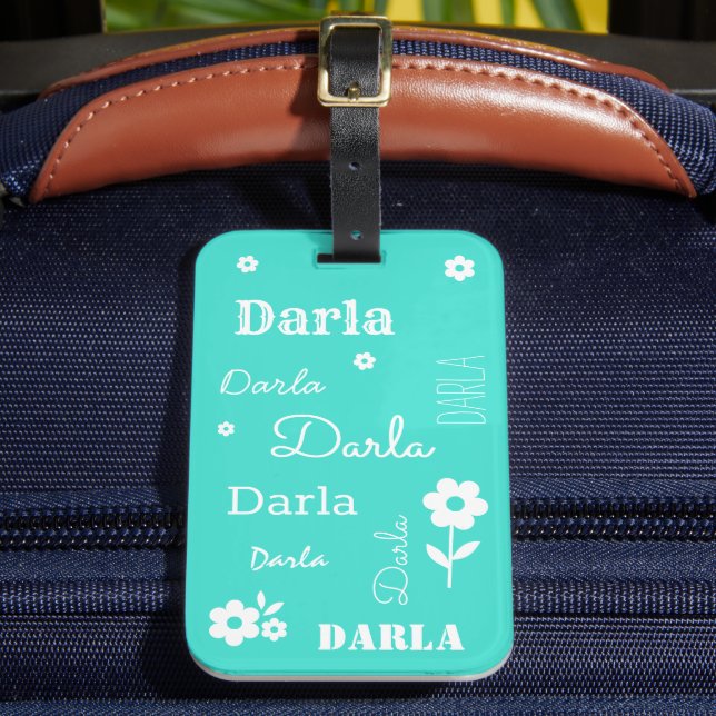 Turquoise with White Flowers, Customised Luggage Tag (Front Insitu 2)