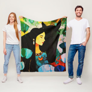 Turquoise Woman and Horse Painting Fleece Blanket
