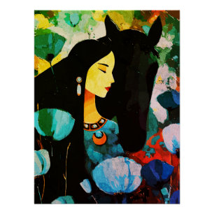 Turquoise Woman and Horse Painting Poster