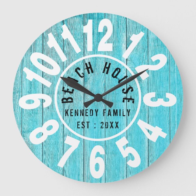 Turquoise Wood Beach House Black  Big Numbers Large Clock (Front)
