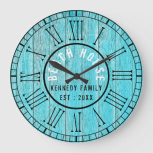 Turquoise Wood Beach House Black Roman Numeral Large Clock