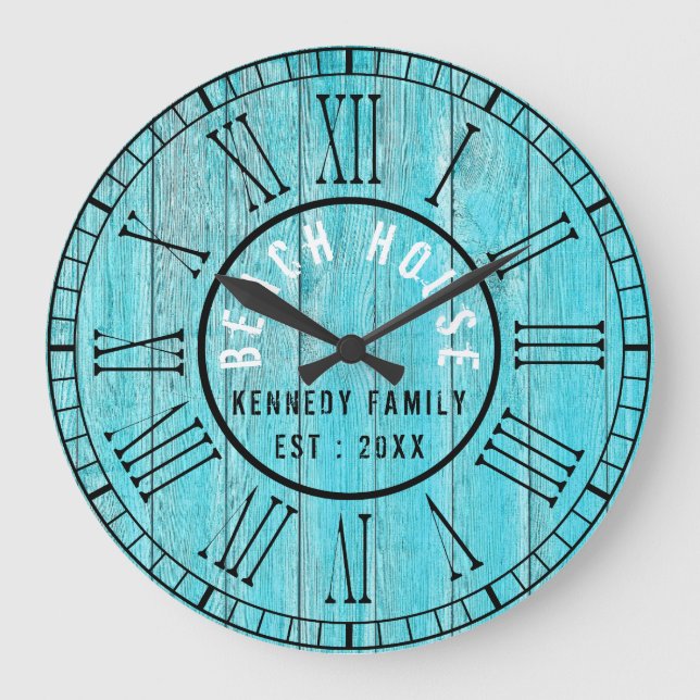 Turquoise Wood Beach House Black Roman Numeral Large Clock (Front)