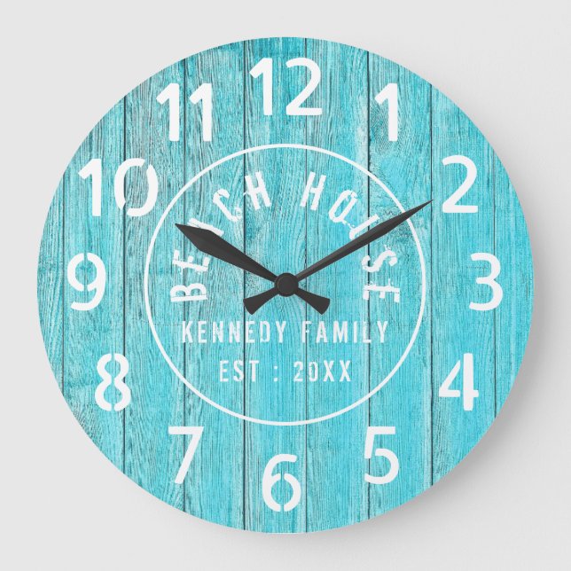 Turquoise Wood Beach House White Large Numbers Large Clock (Front)