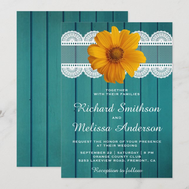 Turquoise Wood Lace Sunflower Wedding Invitation (Front/Back)