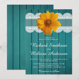 Turquoise Wood Lace Sunflower Wedding Invitation