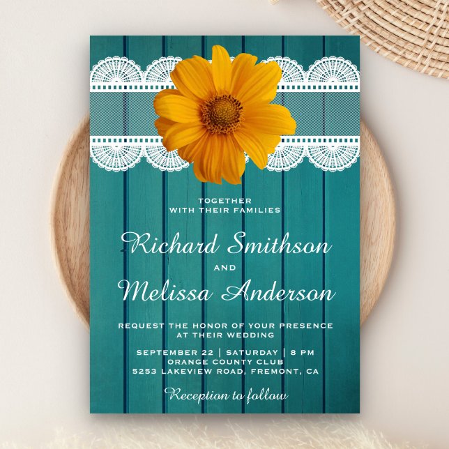 Turquoise Wood Lace Sunflower Wedding Invitation (Creator Uploaded)