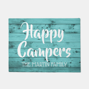 Turquoise Wood Rustic Happy Campers Personalised Doormat
