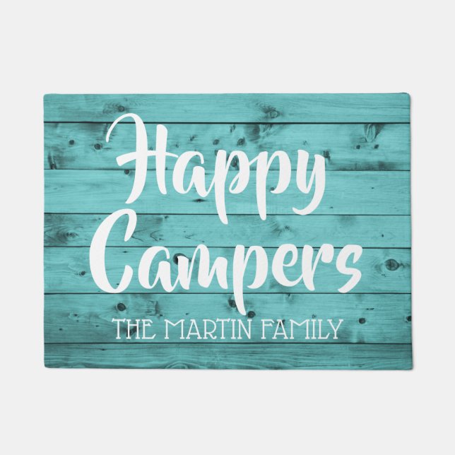 Turquoise Wood Rustic Happy Campers Personalised Doormat (Front)