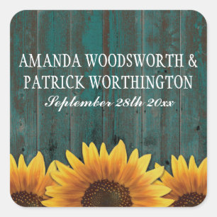 Turquoise Wood Rustic Sunflower Wedding Favours Square Sticker