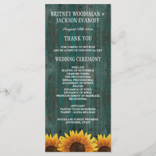 Turquoise Wood Rustic Sunflower Wedding Programs Programme