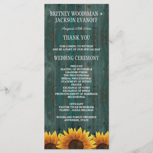 Turquoise Wood Rustic Sunflower Wedding Programs Programme (Front)