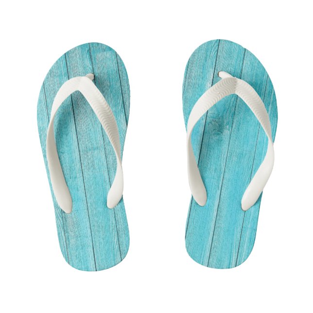 Turquoise Wood Texture Kid's Flip Flops (Footbed)