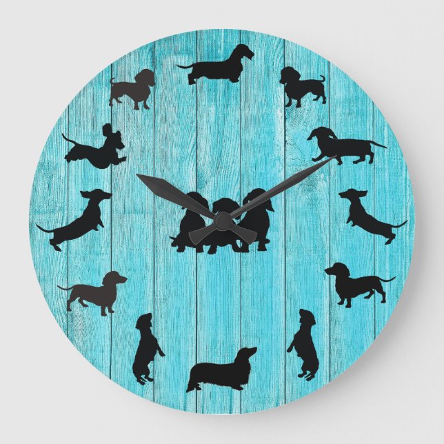 Turquoise Wooden Dachshund Silhouette Wall Clock (Front)