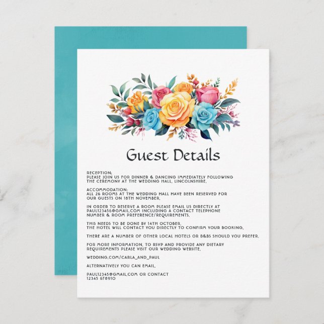 Turquoise, Yellow and Pink Floral Guest Details Enclosure Card (Front/Back)
