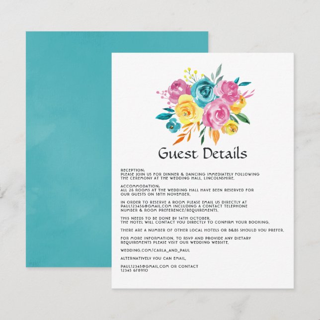 Turquoise, Yellow and Pink Floral Guest Details Enclosure Card (Front/Back)