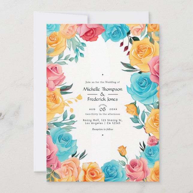 Turquoise, Yellow and Pink Floral Wedding Invitation (Front)