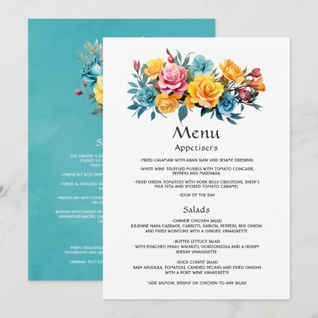 Turquoise, Yellow and Pink Floral Wedding Menu (Front/Back)