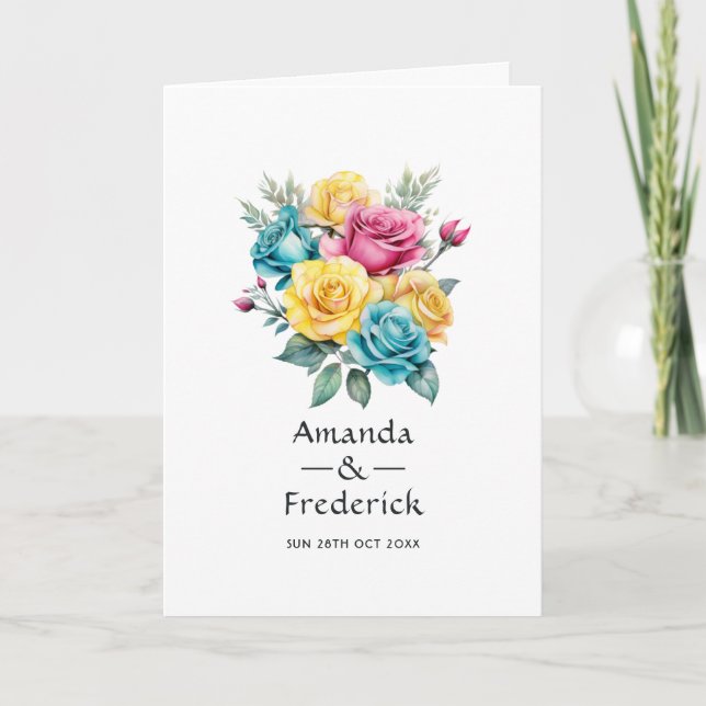 Turquoise, Yellow and Pink Floral Wedding Programme (Front)