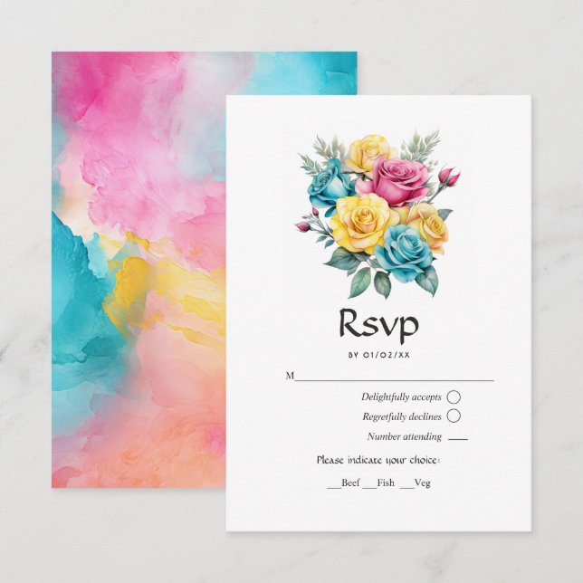 Turquoise, Yellow and Pink Floral Wedding RSVP Card (Front/Back)