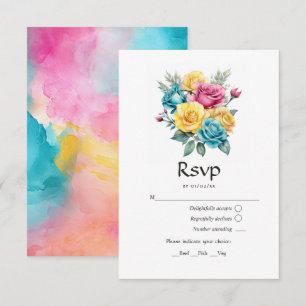 Turquoise, Yellow and Pink Floral Wedding RSVP Card