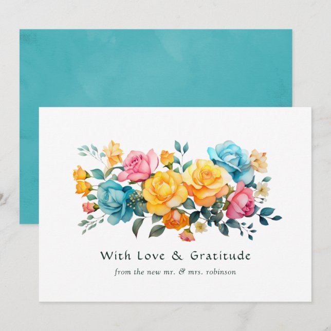 Turquoise, Yellow and Pink Floral Wedding Thank You Card (Front/Back)