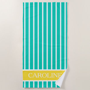 Turquoise Yellow and White Stripes Personalised Beach Towel