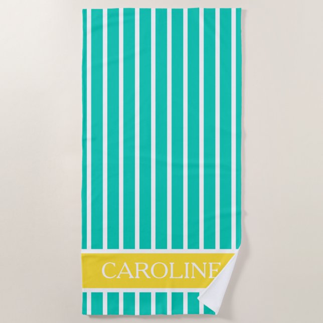 Turquoise Yellow and White Stripes Personalised Beach Towel (Front)