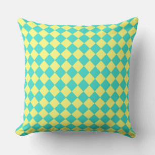 Turquoise Yellow Chequered Diamond Pattern Cushion