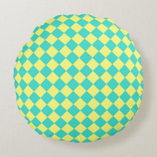 Turquoise Yellow Chequered Diamond Pattern Round Cushion