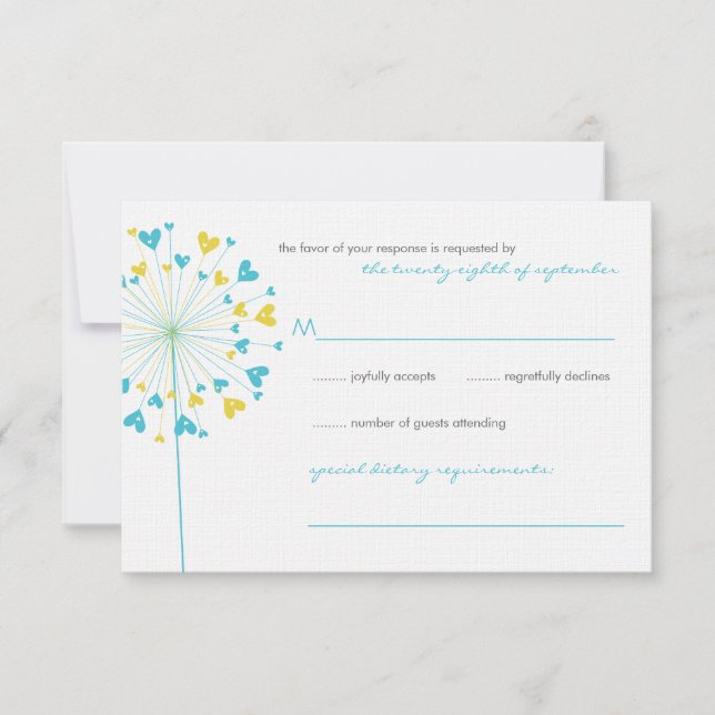 Turquoise Yellow Dandelions Love Wedding RSVP Card (Front)