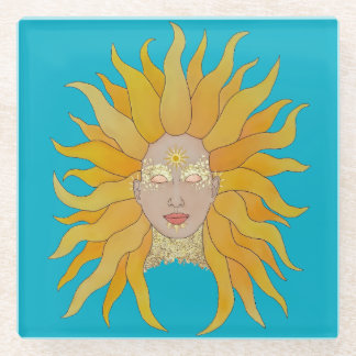 Turquoise yellow gold sun inspired glass coaster